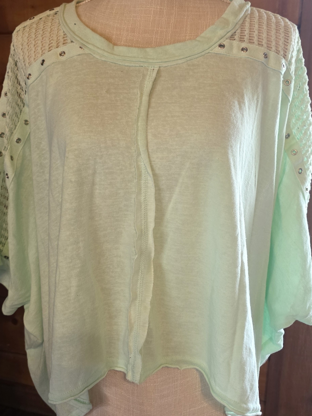 POL Women’s Mint Green Studded Crochet Sleeve Top - Large